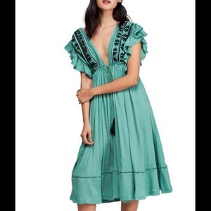 Free People Boho Floral Embroidered Midi Dress Green & Black Size Small